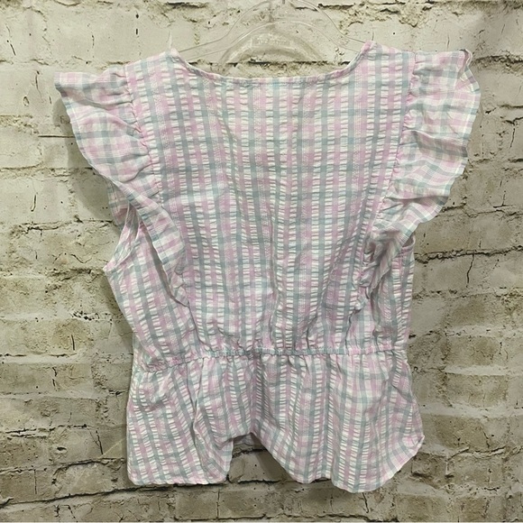 Mine Pink Green Gingham V Neck Flutter Sleeve Seersucker Top - Picture 3 of 6